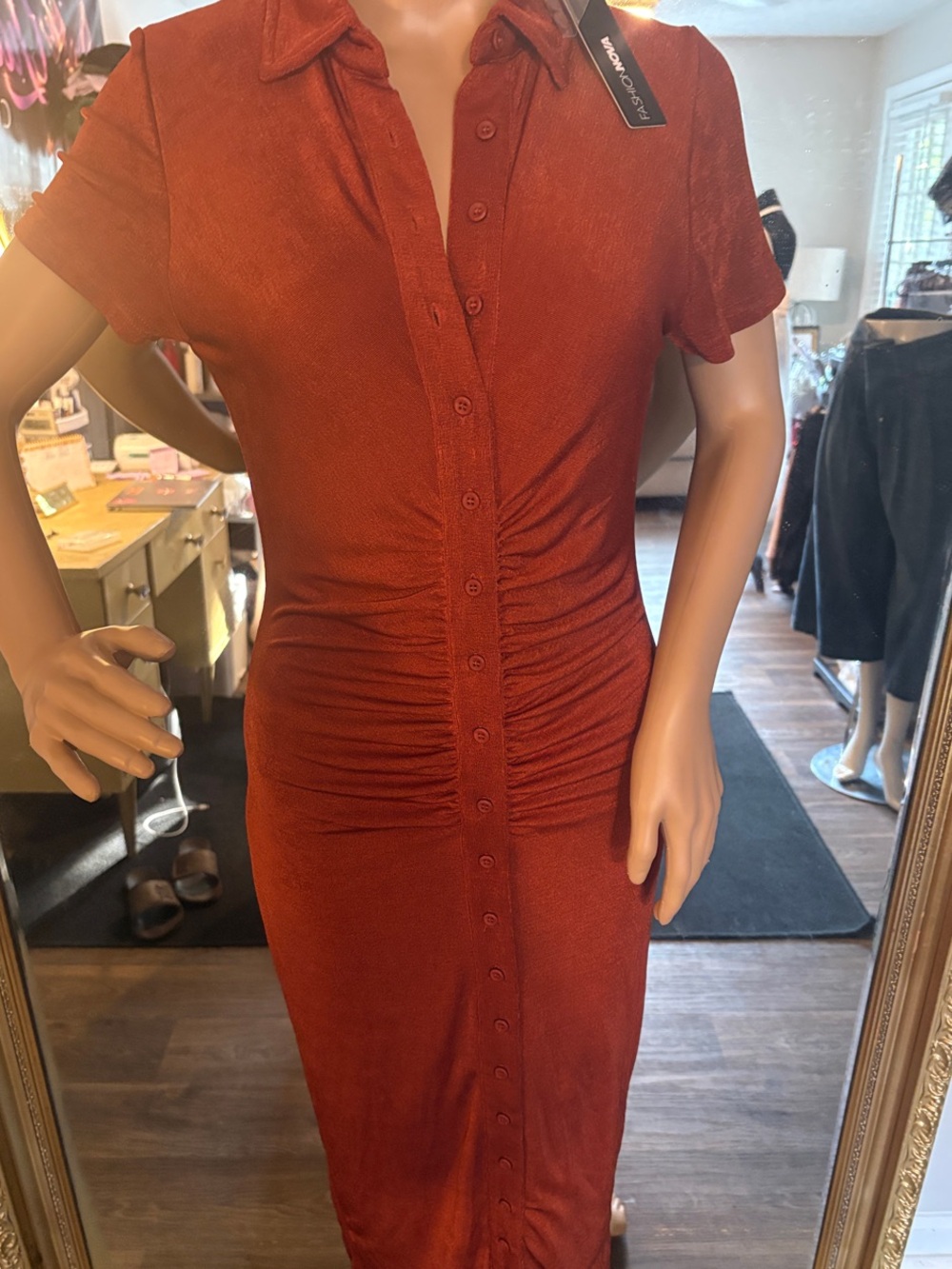 Forever 21 Rust Button-Front Ruched Midi Dress